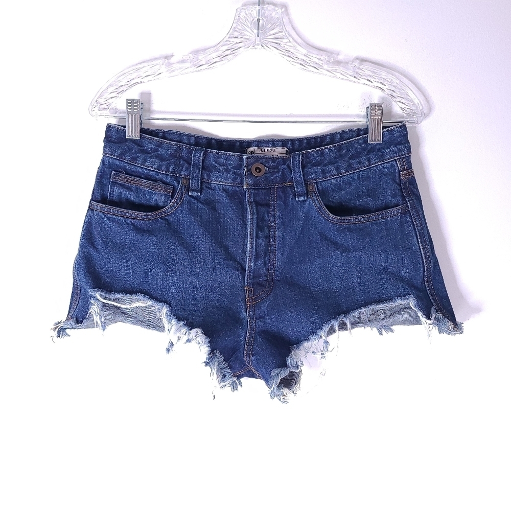 Free People Indigo Frayed Hem Denim Shorts